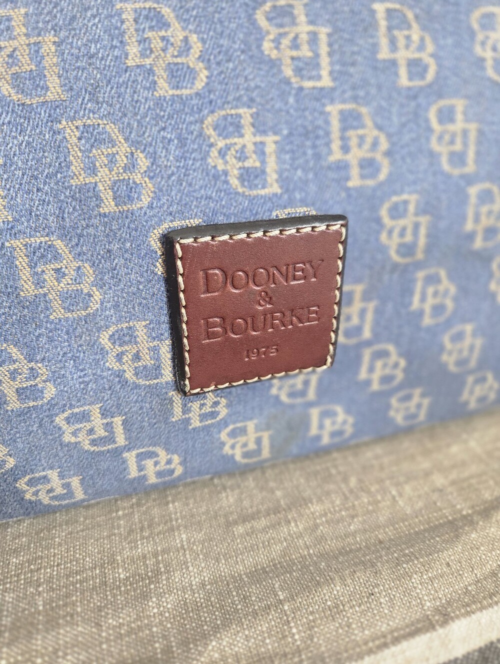 Dooney & Bourke Blue Denim Logo Hobo with Brown Trim, Medium East/West Slouch - Picture 3 of 17